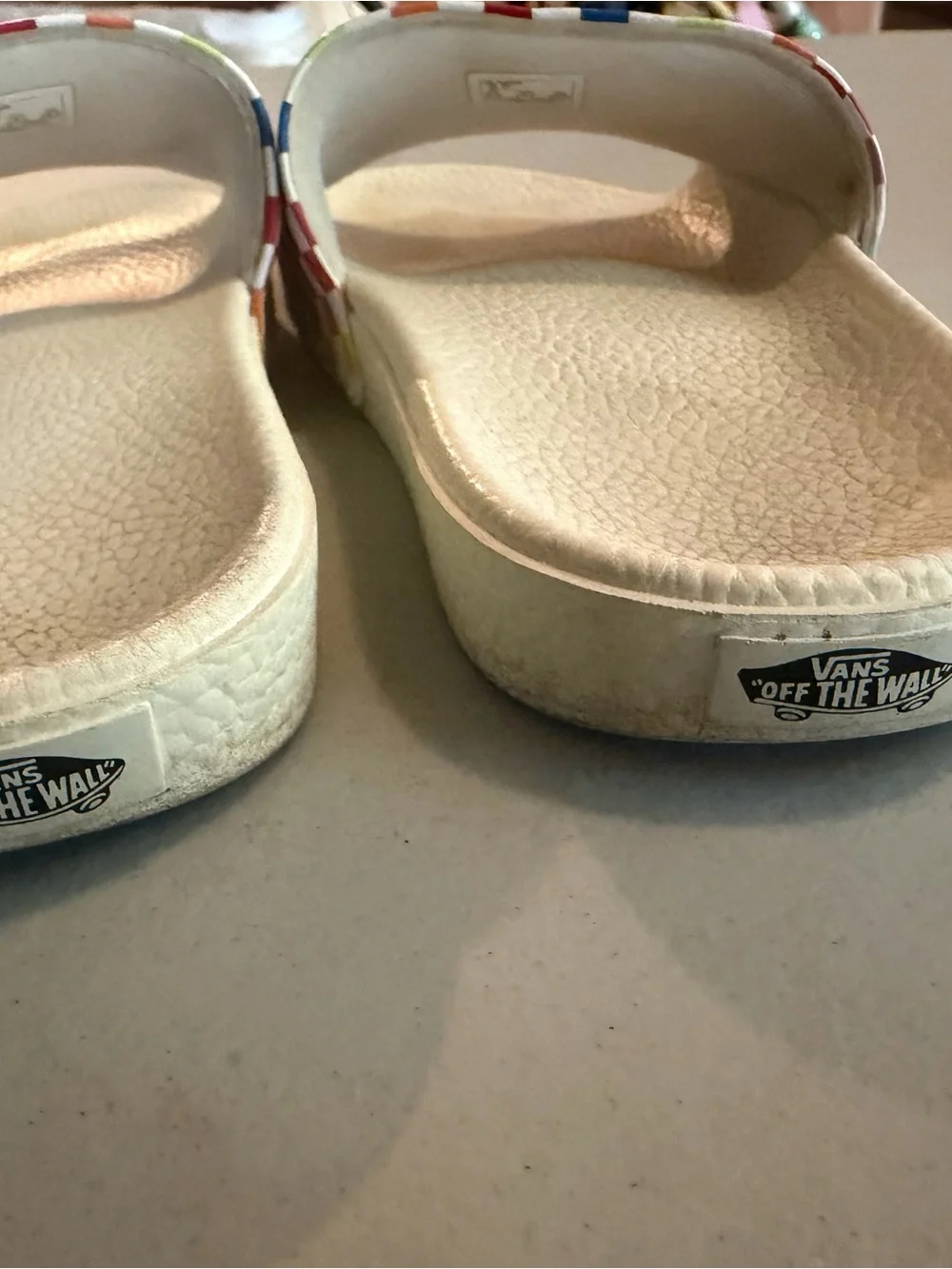 Vans Kids White Slides with Rainbow Check Strap